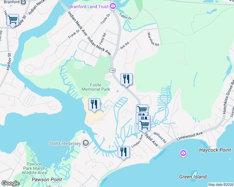map of restaurants, bars, coffee shops, grocery stores, and more near 3 Block Island Road in Branford