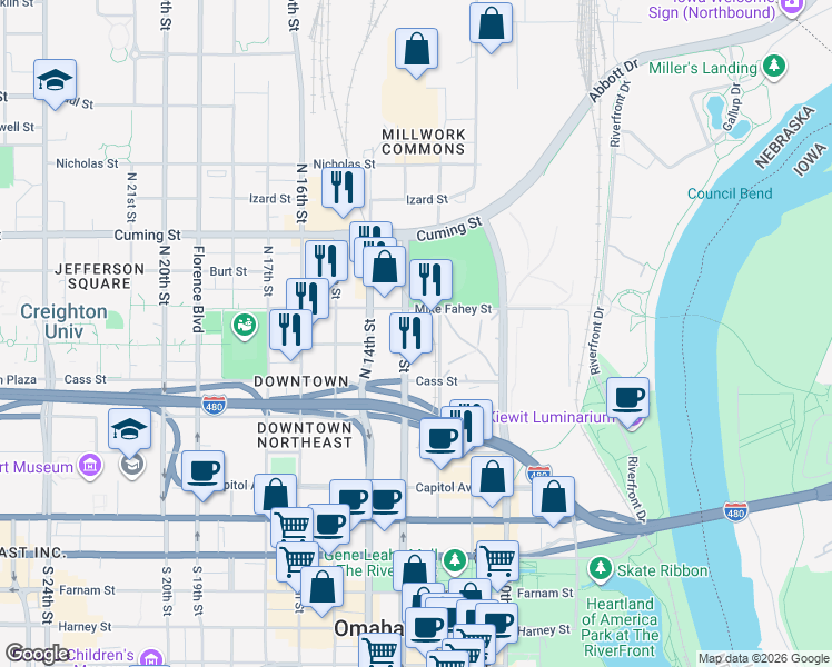 map of restaurants, bars, coffee shops, grocery stores, and more near 605 North 13th Street in Omaha