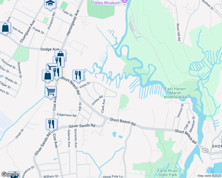 map of restaurants, bars, coffee shops, grocery stores, and more near 79 Clark Avenue in East Haven