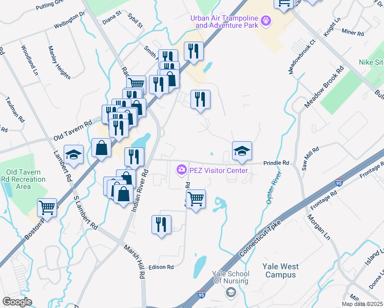 map of restaurants, bars, coffee shops, grocery stores, and more near 30 Prindle Hill Road in Orange