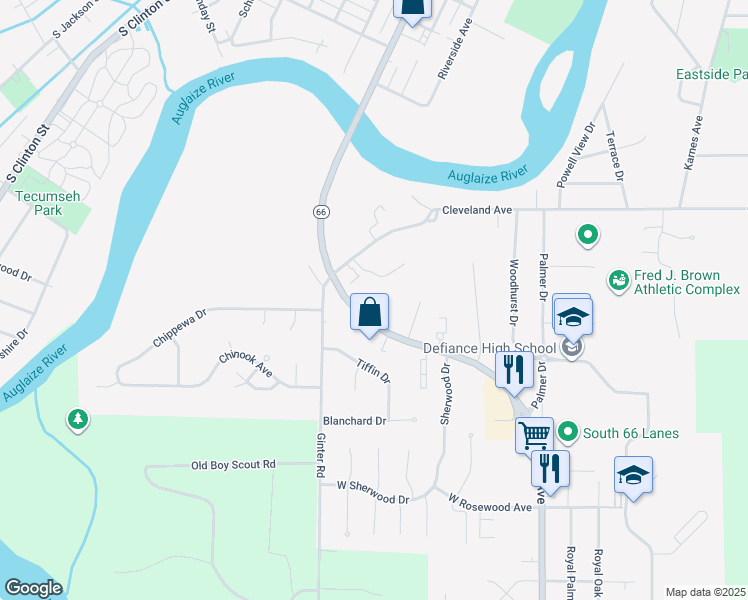 map of restaurants, bars, coffee shops, grocery stores, and more near 1701 Jefferson Avenue in Defiance
