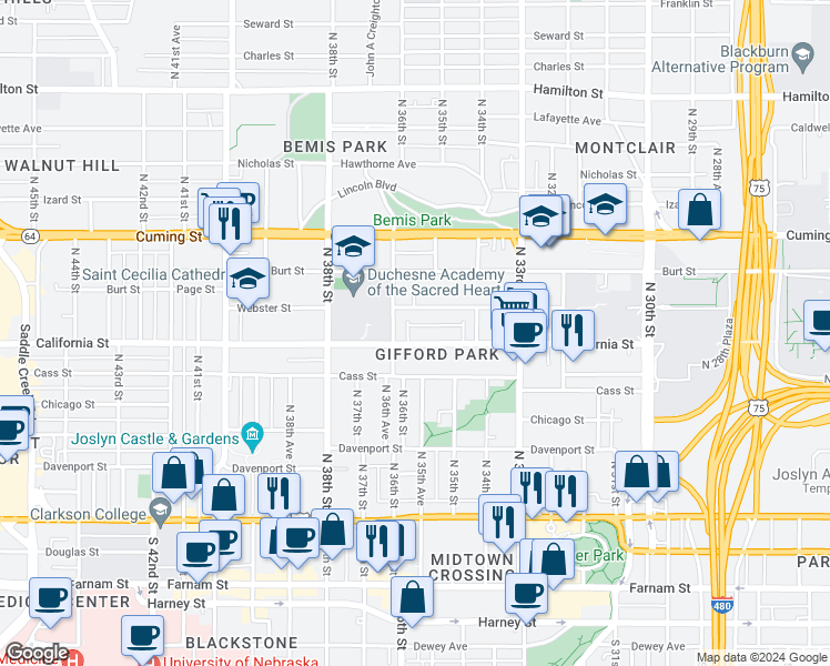 map of restaurants, bars, coffee shops, grocery stores, and more near 3514 California Street in Omaha