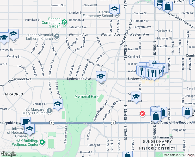 map of restaurants, bars, coffee shops, grocery stores, and more near 650 North 56th Street in Omaha