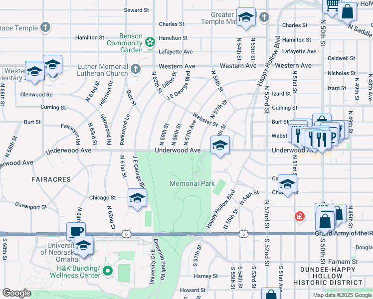 map of restaurants, bars, coffee shops, grocery stores, and more near 651 North 57th Avenue in Omaha