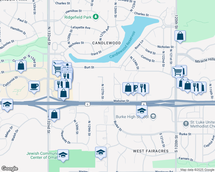 map of restaurants, bars, coffee shops, grocery stores, and more near 555-599 North 127th Street in Omaha