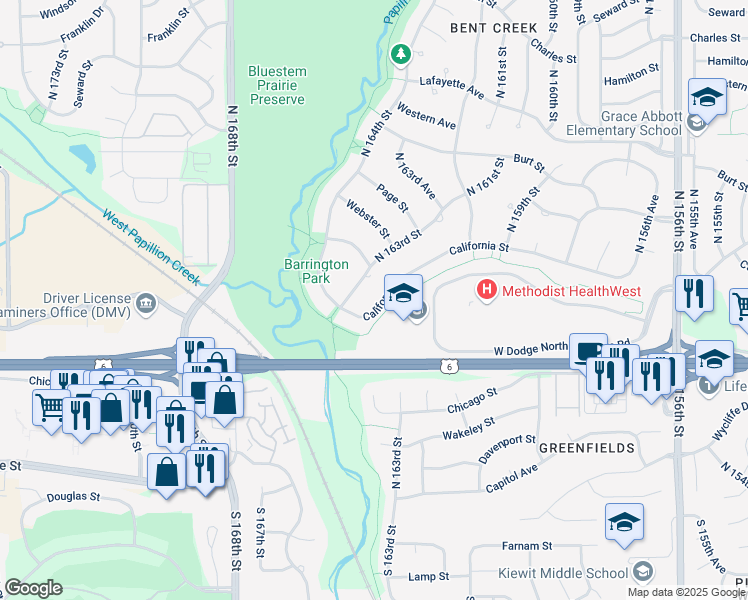map of restaurants, bars, coffee shops, grocery stores, and more near 16280 California Street in Omaha