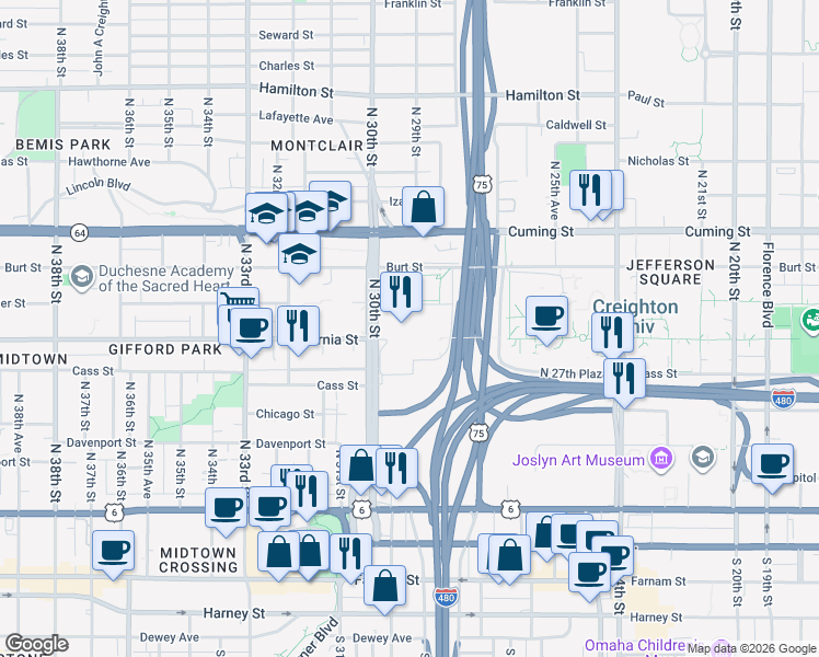 map of restaurants, bars, coffee shops, grocery stores, and more near 2929 California Street in Omaha
