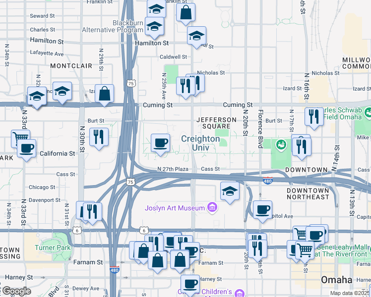 map of restaurants, bars, coffee shops, grocery stores, and more near 2500 California Plaza in Omaha