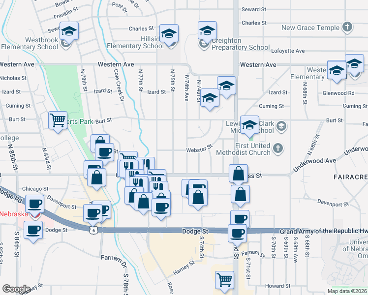 map of restaurants, bars, coffee shops, grocery stores, and more near 704 North 74th Avenue in Omaha
