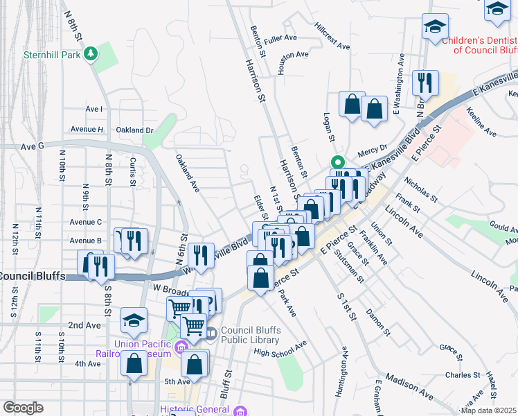 map of restaurants, bars, coffee shops, grocery stores, and more near 140 Grant Street in Council Bluffs
