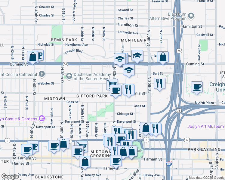 map of restaurants, bars, coffee shops, grocery stores, and more near 606 North 33rd Street in Omaha