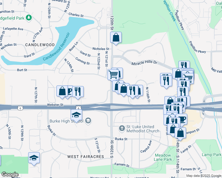 map of restaurants, bars, coffee shops, grocery stores, and more near 708 North 120th Street in Omaha