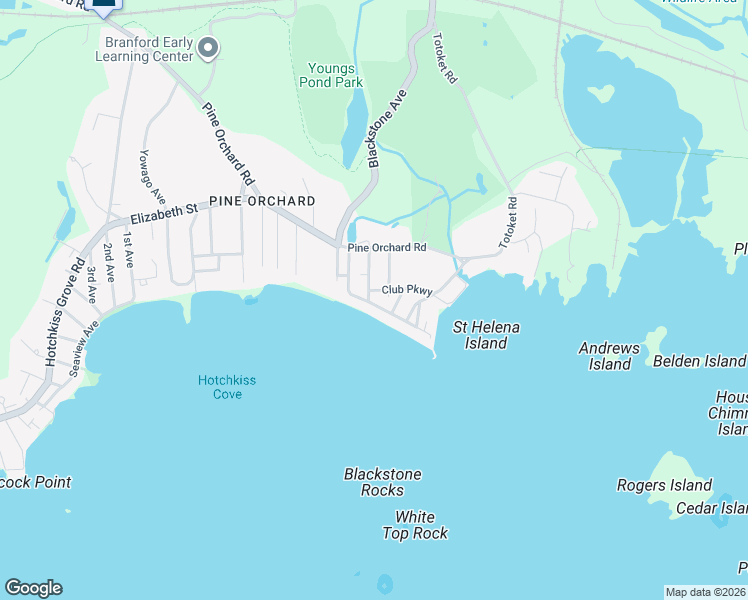 map of restaurants, bars, coffee shops, grocery stores, and more near 10 Island View Avenue in Branford