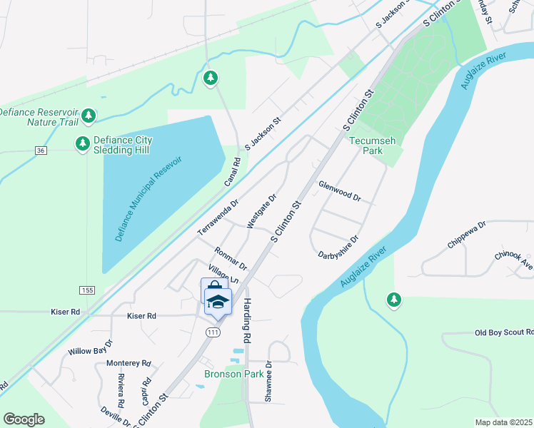 map of restaurants, bars, coffee shops, grocery stores, and more near 1581 Westgate Drive in Defiance