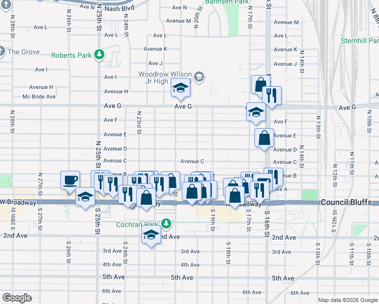 map of restaurants, bars, coffee shops, grocery stores, and more near 2011 Avenue D in Council Bluffs