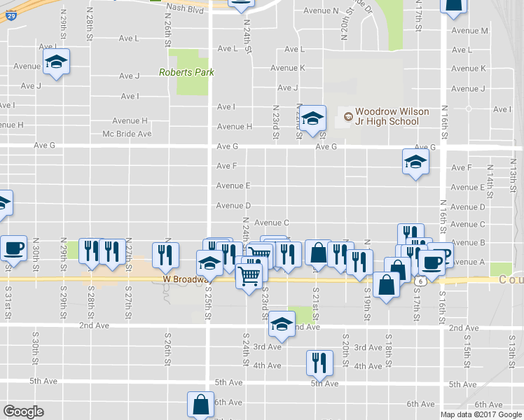 map of restaurants, bars, coffee shops, grocery stores, and more near 2301 Avenue D in Council Bluffs