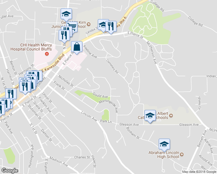 map of restaurants, bars, coffee shops, grocery stores, and more near 717 Forest Drive in Council Bluffs