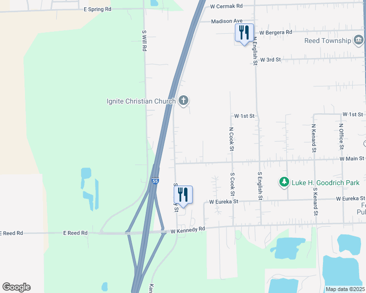 map of restaurants, bars, coffee shops, grocery stores, and more near 121 North Hickory Street in Braidwood