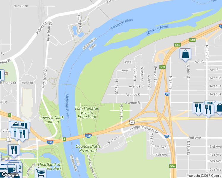 map of restaurants, bars, coffee shops, grocery stores, and more near 4119 Avenue D in Council Bluffs