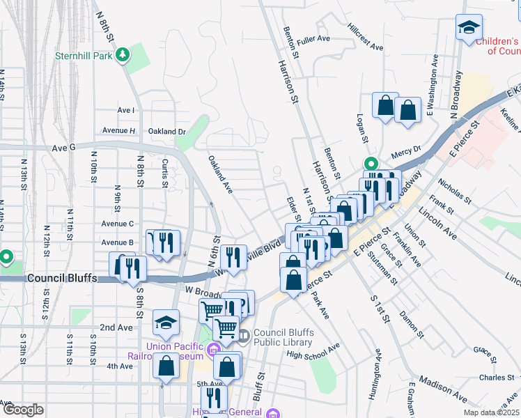 map of restaurants, bars, coffee shops, grocery stores, and more near 250 Fletcher Avenue in Council Bluffs