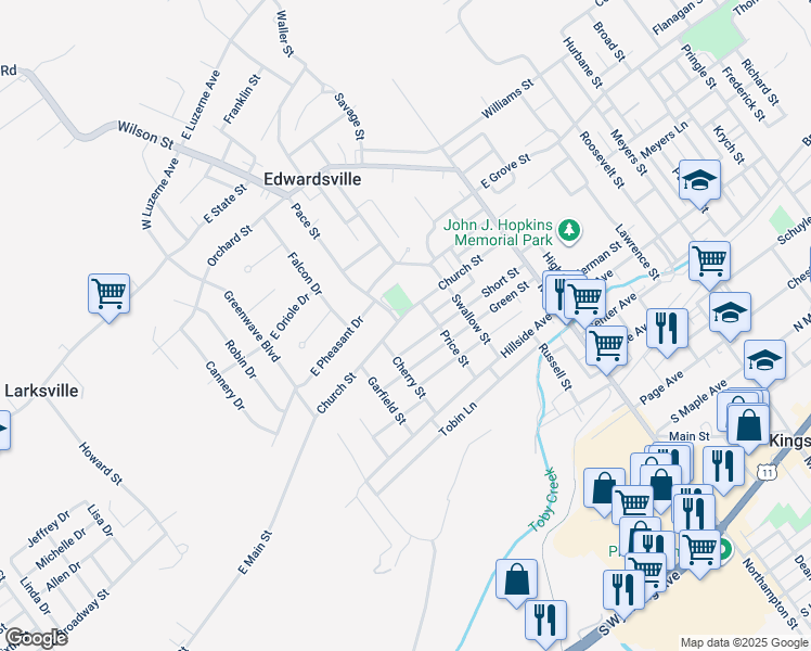 map of restaurants, bars, coffee shops, grocery stores, and more near Church Street in Edwardsville