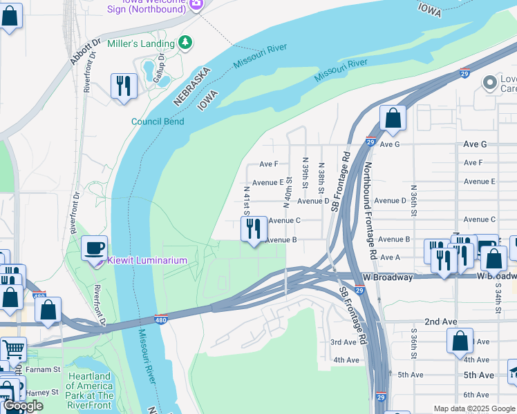 map of restaurants, bars, coffee shops, grocery stores, and more near 4041 Avenue D in Council Bluffs