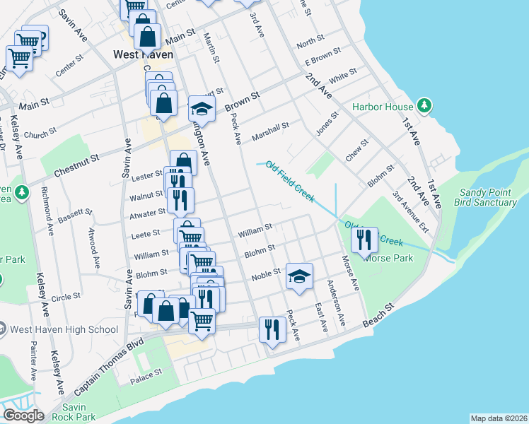 map of restaurants, bars, coffee shops, grocery stores, and more near 55 William Street in West Haven