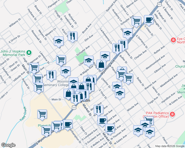 map of restaurants, bars, coffee shops, grocery stores, and more near 39 East Hoyt Street in Kingston