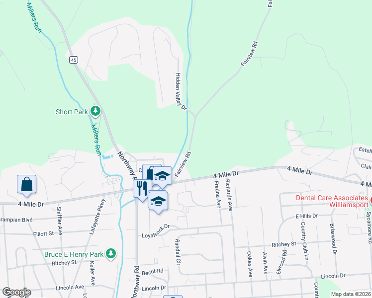 map of restaurants, bars, coffee shops, grocery stores, and more near 1880 Fairview Road in Montoursville