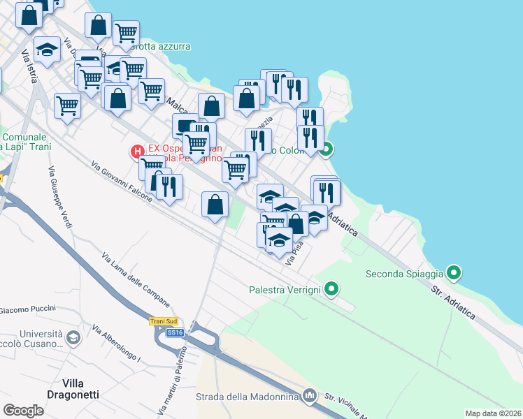 map of restaurants, bars, coffee shops, grocery stores, and more near 100 Viale Paolo de Gemmis in Trani