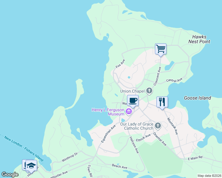 map of restaurants, bars, coffee shops, grocery stores, and more near 920 Lower Shingle Hill Road in Fishers Island