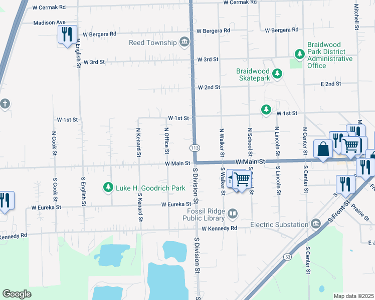 map of restaurants, bars, coffee shops, grocery stores, and more near 120 North Division Street in Braidwood