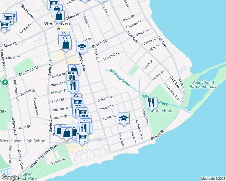 map of restaurants, bars, coffee shops, grocery stores, and more near 55 William Street in West Haven