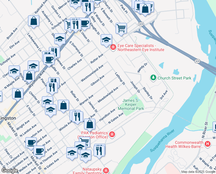 map of restaurants, bars, coffee shops, grocery stores, and more near 639 Warren Avenue in Kingston