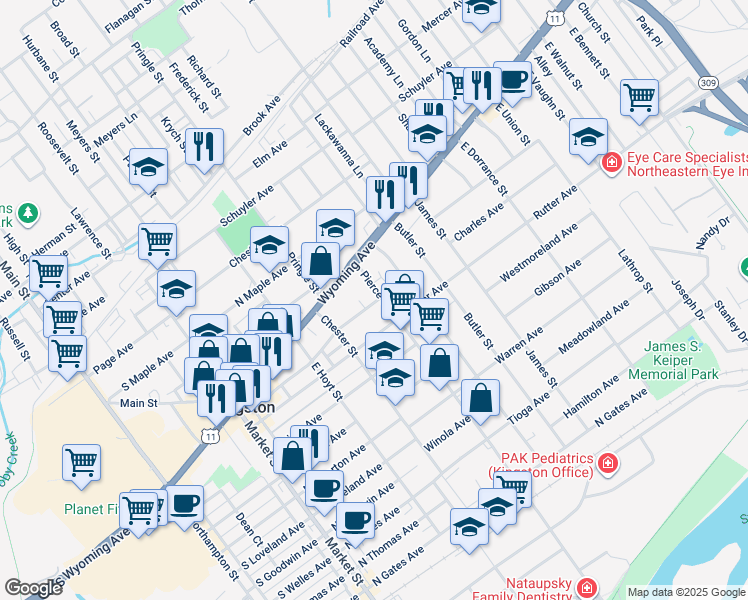 map of restaurants, bars, coffee shops, grocery stores, and more near 385 Ridge Ave in Kingston