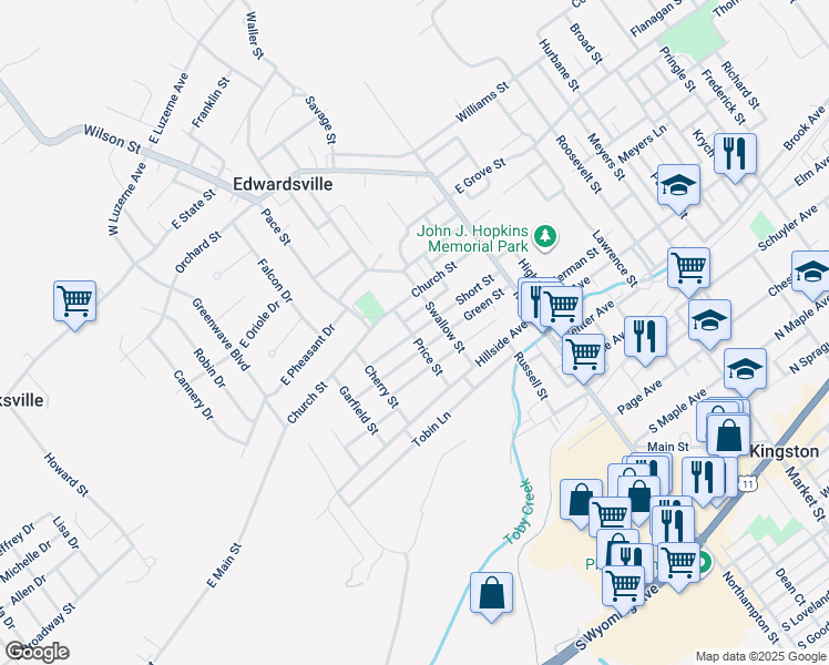 map of restaurants, bars, coffee shops, grocery stores, and more near 131 Green Street in Edwardsville