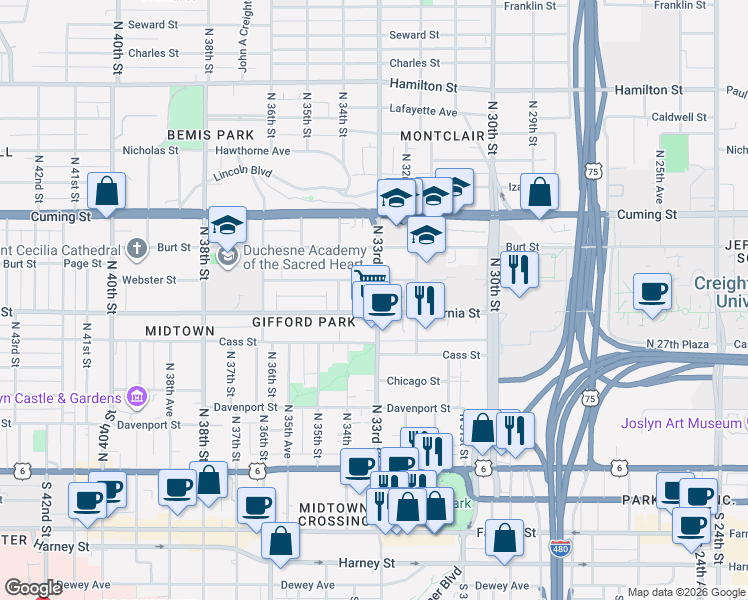 map of restaurants, bars, coffee shops, grocery stores, and more near in Omaha