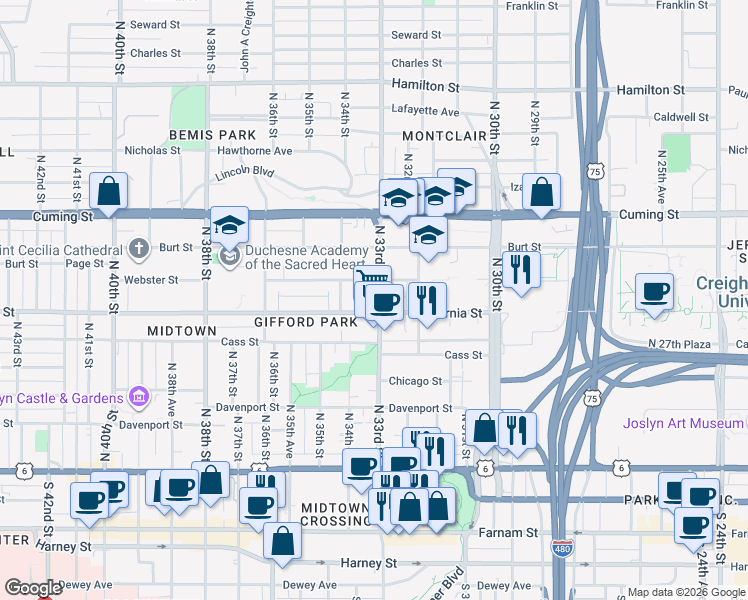 map of restaurants, bars, coffee shops, grocery stores, and more near 3320 California Street in Omaha