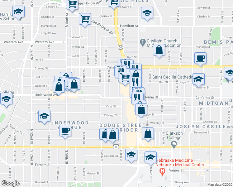 map of restaurants, bars, coffee shops, grocery stores, and more near 4602 California Street in Omaha