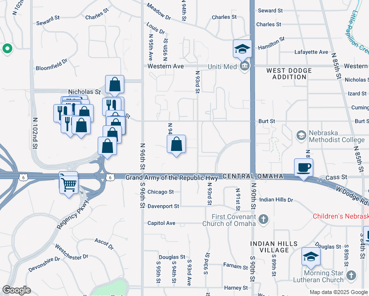 map of restaurants, bars, coffee shops, grocery stores, and more near 9301-9399 Underwood Ave in Omaha