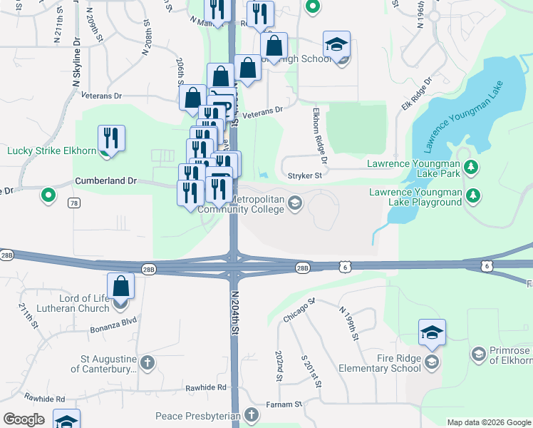 map of restaurants, bars, coffee shops, grocery stores, and more near Cumberland Road in Elkhorn
