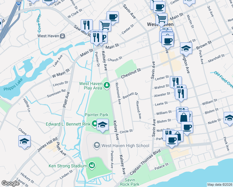 map of restaurants, bars, coffee shops, grocery stores, and more near 264 Richmond Avenue in West Haven