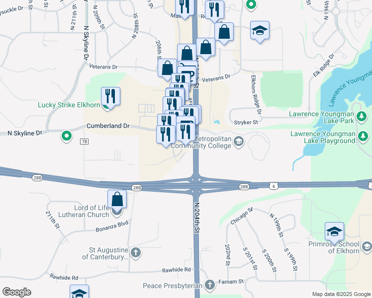 map of restaurants, bars, coffee shops, grocery stores, and more near 801 North 204th Avenue in Omaha