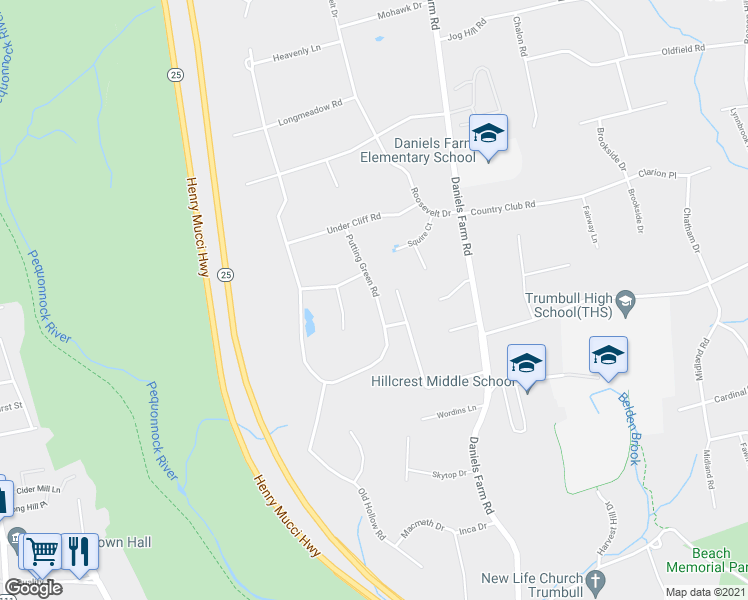 map of restaurants, bars, coffee shops, grocery stores, and more near 345 Putting Green Road in Trumbull
