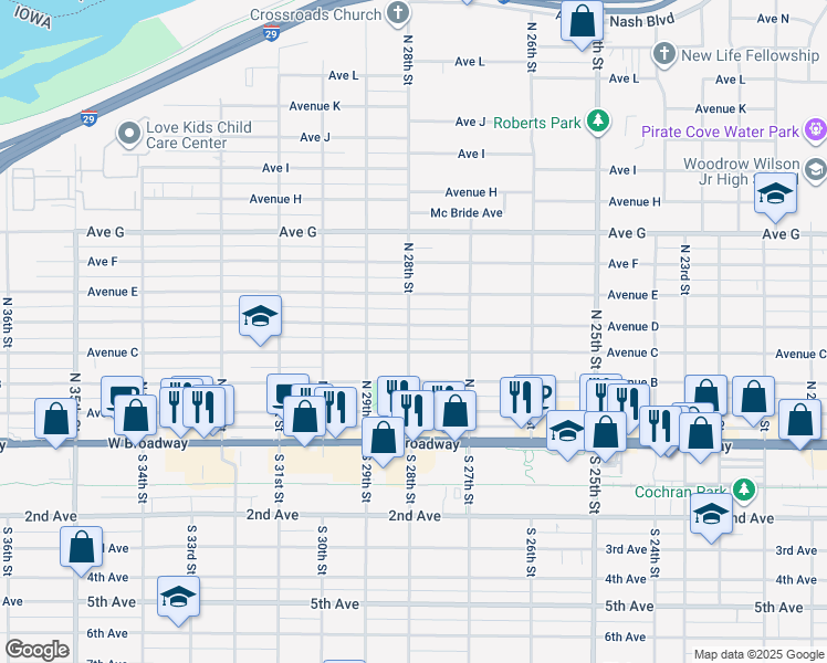 map of restaurants, bars, coffee shops, grocery stores, and more near 2765 Avenue D in Council Bluffs