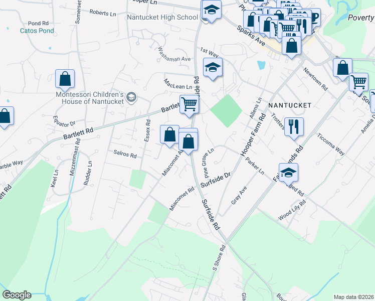 map of restaurants, bars, coffee shops, grocery stores, and more near 4 Miacomet Avenue in Nantucket