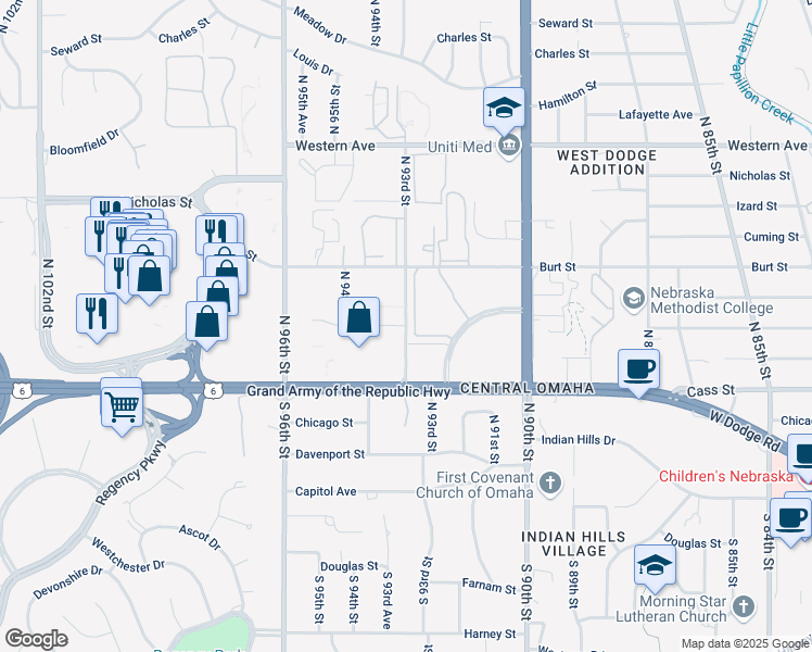 map of restaurants, bars, coffee shops, grocery stores, and more near 9301 Underwood Avenue in Omaha