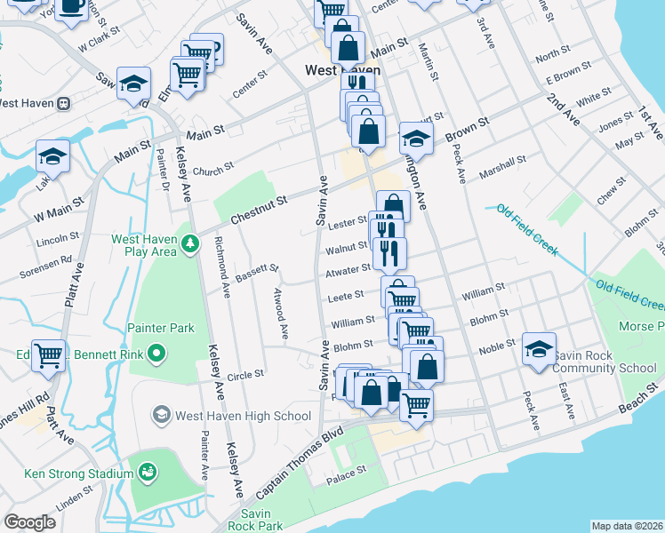 map of restaurants, bars, coffee shops, grocery stores, and more near 469 Savin Avenue in West Haven