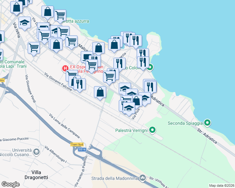 map of restaurants, bars, coffee shops, grocery stores, and more near 100 Viale Paolo de Gemmis in Trani