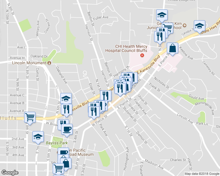 map of restaurants, bars, coffee shops, grocery stores, and more near 200 East Kanesville Boulevard in Council Bluffs